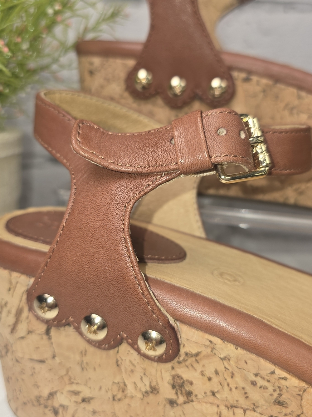 BUSSOLA MANSFIELD PLATFORM WEDGE SANDAL BROWN LEATHER CORK WOMENS 38 - Picture 4 of 14